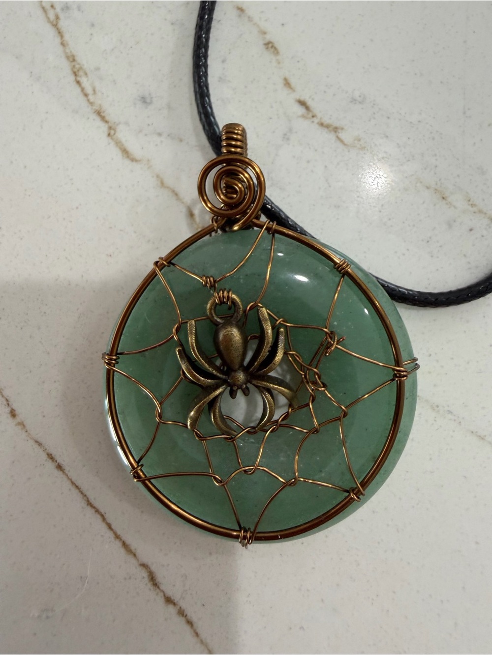 Green Aventurine Pendant Necklace with Bronze Spider Web Accent